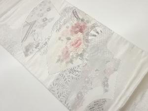 リサイクル　銀彩地紙に花々・道長取・古典柄模様刺繍名古屋帯